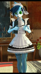 Size: 1080x1920 | Tagged: safe, artist:sfm deer animations, imported from derpibooru, oc, oc only, oc:vida, anthro, goat, clothes, countershading, indoors, maid, maid headdress, pale belly, socks, solo, standing, stockings, thigh highs