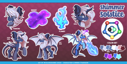 Size: 6105x3096 | Tagged: safe, artist:ask-colorsound, imported from derpibooru, oc, oc only, oc:shimmer solstice, dracony, dragon, hybrid, pony, absurd resolution, blue fire, fire, fire breath, horn, looking at you, magic, pale belly, raised hoof, reference sheet, scales, solo, spread wings, tail, wings