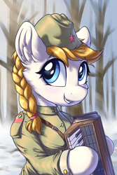 Size: 1200x1800 | Tagged: safe, artist:ravistdash, imported from derpibooru, oc, oc only, earth pony, pony, accordion, clothes, cyrillic, hat, katyusha, military uniform, musical instrument, red army, russia, russian, smiling, soldier, solo, soviet, uniform