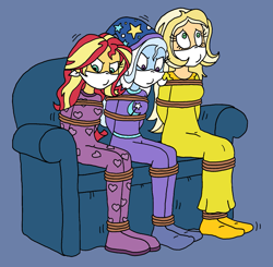 Size: 1585x1552 | Tagged: safe, artist:bugssonicx, imported from derpibooru, sunflower spectacle, sunset shimmer, trixie, equestria girls, arm behind back, bondage, bound and gagged, cloth gag, clothes, couch, equestria girls-ified, female, femsub, footed sleeper, footie pajamas, gag, hat, help us, mother and child, mother and daughter, nightcap, nightgown, onesie, otn gag, over the nose gag, pajamas, rope, rope bondage, sitting, sleepover, slumber party, submissive, subset, the weak and powerless trixie, tied up, trixie's nightcap, trixsub