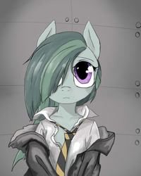 Size: 640x800 | Tagged: safe, artist:a.s.e, imported from derpibooru, marble pie, semi-anthro, clothes, cute, deshabille, dishevelled, female, hair over one eye, looking at you, marblebetes, mare, necktie, school uniform, shirt, solo, solo female
