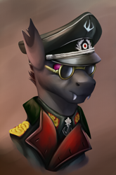 Size: 2160x3276 | Tagged: safe, artist:richmay, imported from derpibooru, oc, oc only, oc:synovial, changeling, equestria at war mod, bust, cap, changeling oc, clothes, german, glasses, hat, military, military uniform, portrait, solo, uniform, world war ii