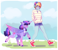 Size: 2496x2160 | Tagged: safe, artist:aaa-its-spook, imported from derpibooru, rainbow dash, twilight sparkle, alicorn, pony, equestria girls, aaa-its-spook, accessories, accessory, alternate hairstyle, blushing, cheek fluff, chest fluff, clothes, colored wings, converse, cute, ear fluff, eye clipping through hair, eyebrows, eyebrows visible through hair, female, floating heart, floppy ears, fluffy, gradient wings, hands behind back, heart, hoof fluff, hoof polish, horn, lesbian, long horn, looking at each other, mare, shipping, shoes, shorts, smiling, twidash, twilight sparkle (alicorn), walking, wing fluff, wings