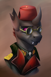 Size: 1200x1820 | Tagged: safe, artist:richmay, imported from derpibooru, oc, oc only, oc:synovial, changeling, equestria at war mod, bust, changeling oc, clothes, fez, german, glasses, hat, military, military uniform, portrait, solo, uniform, world war ii