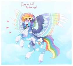 Size: 2247x2040 | Tagged: safe, artist:aaa-its-spook, imported from derpibooru, rainbow dash, pegasus, pony, alternate hairstyle, blaze (coat marking), cheek fluff, chest fluff, coat markings, colored wings, cute, dashabetes, dialogue, ear fluff, excited, eyebrows, eyebrows visible through hair, facial markings, female, fluffy, flying, hoof fluff, hoof polish, implied lesbian, implied shipping, implied twidash, implied twilight sparkle, mare, multicolored wings, open mouth, pale belly, socks (coat markings), solo, spread wings, talking, white belly, wing fluff, wings