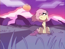 Size: 800x600 | Tagged: safe, artist:provolonepone, imported from derpibooru, fluttershy, pony, animated, chest fluff, colored hooves, female, floppy ears, flowing mane, hairband, looking away, looking up, mare, mountain, outdoors, retro, retrowave, sitting, solo, sun, synthwave, unshorn fetlocks, vaporwave, wind, windswept mane, wingless