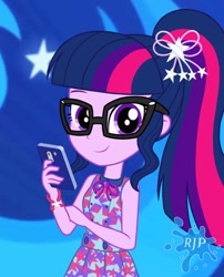 Size: 850x1050 | Tagged: safe, artist:rjp.rammy, artist:sapphiregamgee, imported from derpibooru, sci-twi, twilight sparkle, equestria girls, cellphone, clothes, cute, dress, female, glasses, phone, ponytail, sci-twiabetes, sleeveless, solo, twiabetes