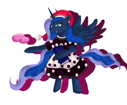 Size: 1152x960 | Tagged: safe, artist:izumi-ru, imported from derpibooru, princess luna, alicorn, pony, book, clothes, cosplay, costume, crossover, doremy sweet, dress, female, hat, mare, solo, touhou