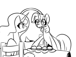 Size: 1600x1200 | Tagged: safe, artist:provolonepone, imported from derpibooru, princess celestia, twilight sparkle, alicorn, pony, unicorn, burger, eye clipping through hair, food, hay burger, lineart, monochrome, open mouth, open smile, sketch, smiling, steamed hams, sweat, sweatdrop, the simpsons, unicorn twilight