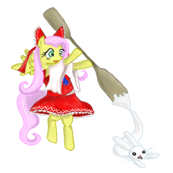 Size: 960x960 | Tagged: safe, artist:izumi-ru, imported from derpibooru, angel bunny, fluttershy, pegasus, rabbit, animal, clothes, cosplay, costume, crossover, dress, duo, female, hakurei reimu, male, mare, simple background, skirt, touhou, transparent background