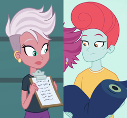 Size: 1086x1012 | Tagged: safe, edit, edited screencap, imported from derpibooru, screencap, candyberry, pearl pompadour, pilot pearl, equestria girls, equestria girls series, rollercoaster of friendship, background human, clipboard, crack shipping, cropped, ear piercing, earring, fabric, female, jewelry, male, pearlcandy, piercing, shipping, shipping domino, straight, unnamed character, unnamed human