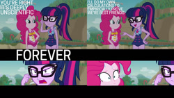 Size: 1280x720 | Tagged: safe, edit, edited screencap, editor:quoterific, imported from derpibooru, screencap, pinkie pie, sci-twi, twilight sparkle, equestria girls, equestria girls series, friendship math, beach, clothes, duo, duo female, female, forever, geode of sugar bombs, geode of telekinesis, glasses, hand on hip, irony, jewelry, magical geodes, necklace, open mouth, ponytail, sweat, swimsuit, text, the tables have turned