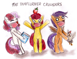 Size: 500x382 | Tagged: artist needed, safe, imported from derpibooru, apple bloom, scootaloo, sweetie belle, bird, chicken, earth pony, pegasus, unicorn, apple, crossover, cutie mark crusaders, dictionary, dictionary belle, female, filly, food, lunasa prismriver, lyrica prismriver, meme, merlin prismriver, ponified meme, scootachicken, tamifluriver sisters, touhou, trio