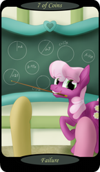 Size: 1500x2591 | Tagged: safe, artist:sixes&sevens, imported from derpibooru, part of a set, cheerilee, earth pony, chalkboard, circle, female, math, minor arcana, mouth hold, offscreen character, pointer, ponyville schoolhouse, raised hoof, school, seven of coins, tarot card, teaching