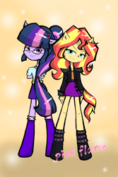 Size: 1080x1620 | Tagged: source needed, safe, artist:pink flame, imported from derpibooru, sci-twi, sunset shimmer, twilight sparkle, equestria girls, ponied up