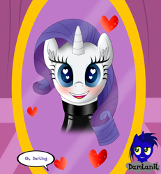Size: 3840x4154 | Tagged: safe, alternate version, artist:damlanil, imported from derpibooru, rarity, pony, unicorn, blushing, carousel boutique, catsuit, clothes, comic, cute, darling, female, happy, heart, heart eyes, horn, latex, latex suit, looking at you, mare, mirror, open mouth, raribetes, rubber, shine, shiny, simple background, smiling, spy, suit, text, vector, wingding eyes