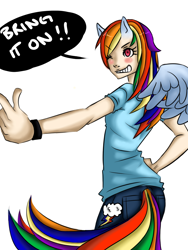 Size: 864x1152 | Tagged: safe, artist:mitarashiboi, imported from derpibooru, rainbow dash, human, 2011, bring it on, clothes, eared humanization, female, humanized, jeans, pants, shirt, simple background, smiling, solo, t-shirt, tail hole, tailed humanization, white background, winged humanization, wings, wristband