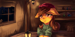 Size: 3000x1500 | Tagged: safe, artist:musical ray, imported from derpibooru, oc, oc only, earth pony, pony, barrel, cabin, clothes, female, floppy ears, lamp, lantern, night, shelf, solo, solo female, window