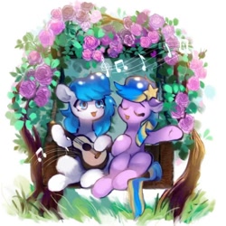 Size: 812x813 | Tagged: safe, artist:tingsan, imported from derpibooru, oc, oc only, earth pony, pony, duo, flower, garden, music notes, musical instrument, playing instrument, ukulele