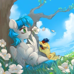 Size: 2048x2048 | Tagged: safe, artist:tingsan, imported from derpibooru, oc, oc only, oc:cynosura, oc:draconidsmxz, earth pony, pegasus, pony, cloud, duo, flower, grass, petals, scenery, tree