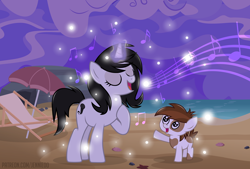 Size: 3840x2592 | Tagged: safe, artist:jennieoo, imported from derpibooru, pipsqueak, oc, oc:celtic melody, earth pony, unicorn, beach, beach chair, chair, cloud, cloudy, enya, music notes, show accurate, singing, stars, unicorn magic