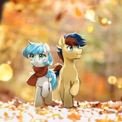 Size: 2048x2048 | Tagged: safe, artist:tingsan, imported from derpibooru, oc, oc only, oc:cynosura, oc:draconidsmxz, earth pony, pegasus, pony, autumn, clothes, duo, leaves, scarf