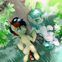 Size: 2894x2894 | Tagged: safe, artist:tingsan, imported from derpibooru, oc, oc only, oc:cynosura, oc:draconidsmxz, earth pony, pegasus, pony, duo, grass, leaves, reclining, tree