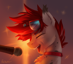 Size: 2274x2000 | Tagged: safe, artist:jedayskayvoker, imported from derpibooru, imported from ponybooru, oc, oc only, oc:cobalt, pony, bust, collar, eyes closed, glasses, high res, male, microphone, open mouth, portrait, singing, solo, spotlight