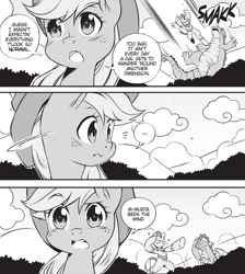 Size: 1751x1953 | Tagged: safe, artist:nekoshiei, imported from derpibooru, applejack, spike, dragon, earth pony, my little pony: the manga, spoiler:manga3, cloud, double take, female, freckles, godzilla, godzilla (series), monochrome, my little pony: the manga volume 3, spikezilla, tokusatsu, ultraman, winged spike, winged spikezilla, wings