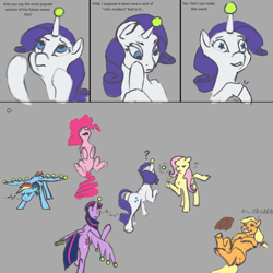 Size: 4096x4096 | Tagged: safe, artist:eqlipse, imported from derpibooru, applejack, fluttershy, pinkie pie, rainbow dash, rarity, twilight sparkle, alicorn, earth pony, pegasus, pony, unicorn, balancing, ball, comic, female, funny, g4, g5, g5 to g4, horn, hornball, humor, laughing, mane six, mare, no, ponies balancing stuff on their nose, question mark, starry eyes, tennis ball, twilight sparkle (alicorn), wingding eyes