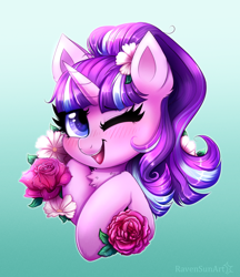 Size: 3336x3853 | Tagged: safe, artist:confetticakez, imported from derpibooru, starlight glimmer, pony, unicorn, blushing, bust, chest fluff, colored pupils, cute, ear fluff, female, flower, flower in hair, glimmerbetes, gradient background, looking at you, mare, one eye closed, open mouth, rose, s5 starlight, smiling, smiling at you, solo, wink