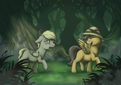 Size: 1200x840 | Tagged: safe, alternate version, artist:28gooddays, imported from derpibooru, daring do, derpy hooves, pegasus, pony, blank flank, duo, female, filly, filly daring do, filly derpy, forest, hat, pith helmet, scared, updated, walking, younger