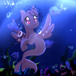 Size: 2024x2024 | Tagged: safe, artist:auroracursed, imported from derpibooru, oc, oc only, alicorn, fish, pony, seapony (g4), bubble, crepuscular rays, deviantart watermark, eyelashes, fish tail, flowing mane, flowing tail, horn, obtrusive watermark, ocean, purple eyes, seaponified, seaweed, smiling, solo, species swap, sunlight, tail, underwater, water, watermark, wings