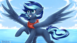 Size: 1280x720 | Tagged: safe, artist:tokokami, imported from derpibooru, oc, oc only, pegasus, pony, blue eyes, clothes, cloud, commission, eyelashes, flowing mane, flowing tail, ocean, scarf, sky, smiling, solo, spread wings, sunlight, tail, teeth, water, wings