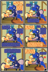 Size: 3255x4838 | Tagged: safe, artist:gutovi, imported from derpibooru, applejack, princess luna, alicorn, earth pony, pony, comic:why me!?, alternate ending, comic, female, floppy ears, hat, lesbian, lunajack, shipping, show accurate, sweet apple acres, tree