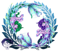 Size: 1280x1073 | Tagged: safe, artist:volvom, imported from derpibooru, oc, oc only, mermaid, seapony (g4), bubble, clothes, dorsal fin, eyelashes, fins, fish tail, flowing mane, flowing tail, green eyes, logo, looking at you, purple eyes, seaweed, see-through, simple background, smiling, swimming, tail, white background, wings, zodiac