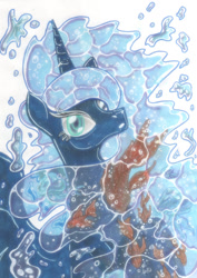 Size: 803x1137 | Tagged: safe, artist:mamajebbunfanart, imported from derpibooru, princess luna, alicorn, fish, pony, blue eyes, bubble, clothes, crown, eyelashes, female, flowing mane, horn, jewelry, looking at you, regalia, see-through, simple background, solo, swimming, water, white background, wings