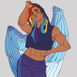 Size: 3000x3000 | Tagged: safe, artist:rdstartie, imported from derpibooru, rainbow dash, human, abs, alternate hairstyle, belly button, clothes, dark skin, ear piercing, earring, eyebrow piercing, gray background, grin, hoodie, humanized, jewelry, lip piercing, midriff, nonbinary, pants, piercing, simple background, sleeveless, sleeveless hoodie, smiling, solo, sweatpants, winged humanization, wings