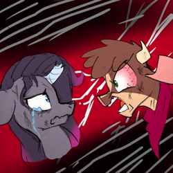 Size: 1096x1096 | Tagged: safe, artist:redahfuhrerking, imported from derpibooru, arizona cow, oleander, classical unicorn, cow, unicorn, them's fightin' herds, angry, arizona (tfh), arizona is not amused, bloodshot eyes, broken horn, bruised, cloven hooves, community related, crying, horn, leonine tail, oleander (tfh), sad, unshorn fetlocks, yelling