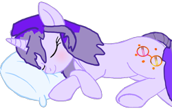 Size: 1504x956 | Tagged: safe, artist:mellow91, imported from derpibooru, oc, oc only, oc:glass sight, pony, unicorn, blushing, cute, eyes closed, missing accessory, no glasses, ocbetes, pillow, simple background, sleeping, smiling, solo, transparent background