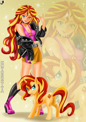 Size: 1000x1414 | Tagged: safe, artist:lord--opal, imported from derpibooru, imported from ponybooru, kotobukiya, sunset shimmer, pony, unicorn, equestria girls, clothes, cutie mark, cutie mark on clothes, female, human coloration, human ponidox, jacket, kotobukiya sunset shimmer, leather jacket, pun, self ponidox, skirt, visual pun, zoom layer