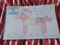 Size: 4128x3096 | Tagged: safe, artist:super-coyote1804, imported from derpibooru, pony, argentina, colored pencil drawing, el chueco, el maestro, formula 1, juan manuel fangio, photo, ponified, solo, traditional art