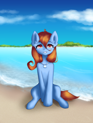 Size: 4800x6400 | Tagged: safe, artist:anatanoakanart, artist:humanpersonart, imported from derpibooru, oc, oc only, earth pony, pony, beach, earth pony oc, female, jewelry, looking at you, mare, necklace, sitting, solo