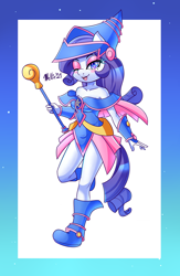 Size: 1300x2000 | Tagged: safe, artist:melliedraws, imported from derpibooru, rarity, anthro, clothes, cosplay, costume, dark magician girl, heart nostrils, one eye closed, solo, staff, wink, yu-gi-oh!