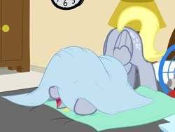 Size: 2000x1500 | Tagged: safe, artist:nitei, imported from derpibooru, imported from ponybooru, derpy hooves, pegasus, pony, background pony, bed, blanket, clock, crouching, cute, dresser, face down ass up, female, hiding, lamp, laundry, laundry basket, mare, open mouth, pillow, show accurate, silly, silly pony, smiling, solo