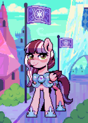 Size: 640x895 | Tagged: safe, artist:hikkage, imported from derpibooru, oc, oc only, oc:dusty ember, pegasus, pony, animated, armor, blinking, commission, crystal empire, female, gif, guardsmare, looking at you, mare, pegasus oc, pixel art, royal guard, smiling, smiling at you, solo