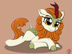 Size: 1500x1125 | Tagged: safe, artist:naen, imported from derpibooru, autumn blaze, kirin, awwtumn blaze, cute, female, lying down, simple background, simple shading, solo