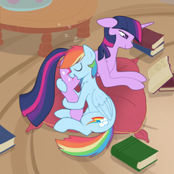 Size: 2388x2388 | Tagged: safe, artist:celysus, imported from derpibooru, rainbow dash, twilight sparkle, pegasus, pony, unicorn, book, butt pillow, butthug, cushion, female, floppy ears, golden oaks library, hug, hugging leg, lesbian, onomatopoeia, pillow, reading, runes, shipping, sleeping, snuggling, sound effects, twidash, unicorn twilight, z, zzz