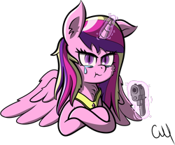 Size: 1114x925 | Tagged: artist needed, source needed, safe, imported from derpibooru, princess cadance, alicorn, pony, crying, gun, handgun, levitation, looking at you, magic, pistol, simple background, slit pupils, solo, teary eyes, telekinesis, transparent background, weapon