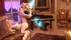 Size: 3840x2160 | Tagged: safe, artist:etherium-apex, imported from derpibooru, oc, oc only, oc:rosin bow, pony, unicorn, 3d, blender, blender eevee, magic, male, musical instrument, piano, solo, stallion, telekinesis